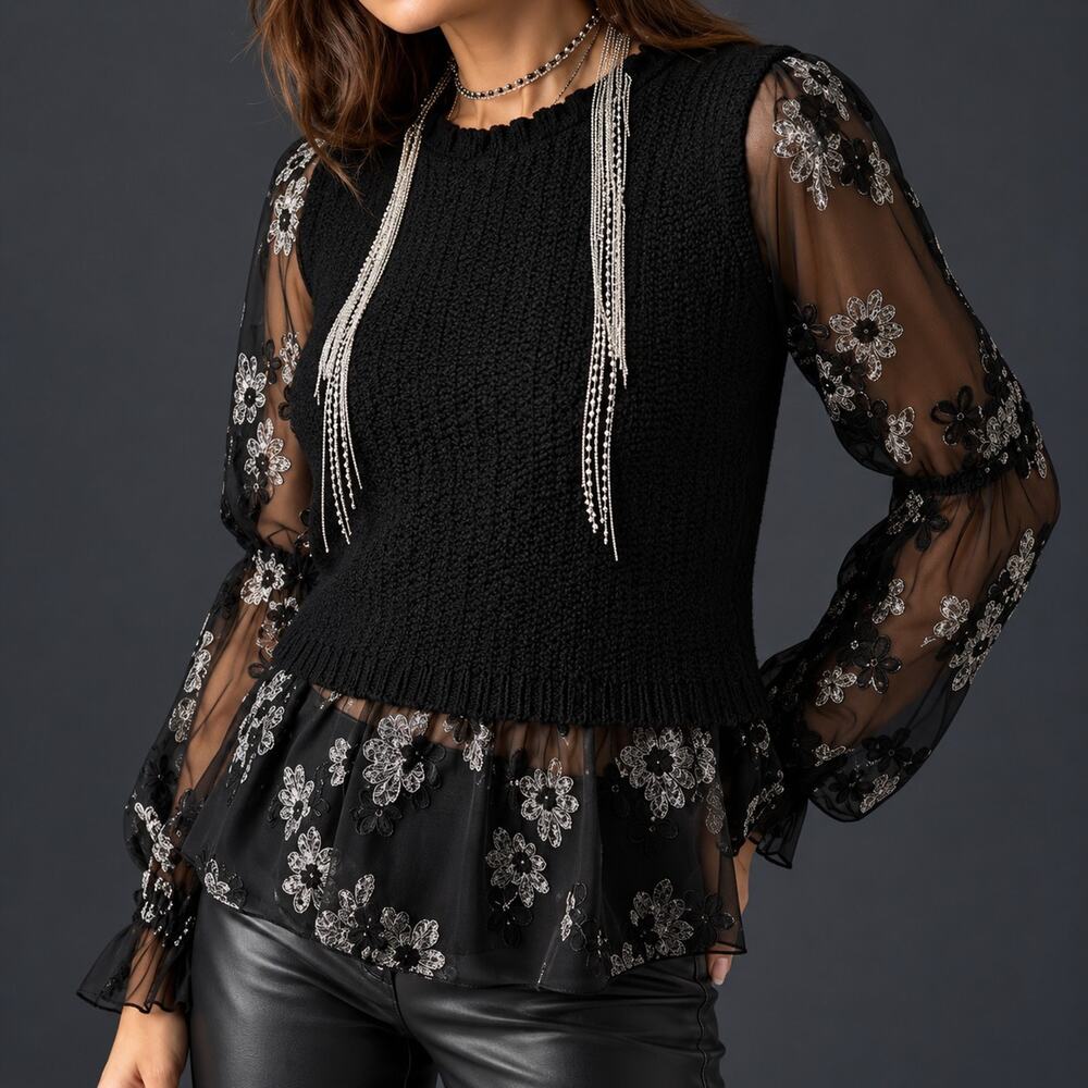 Anthropologie Black Sheer Embroidered Silver Flowers Sweater Top Small